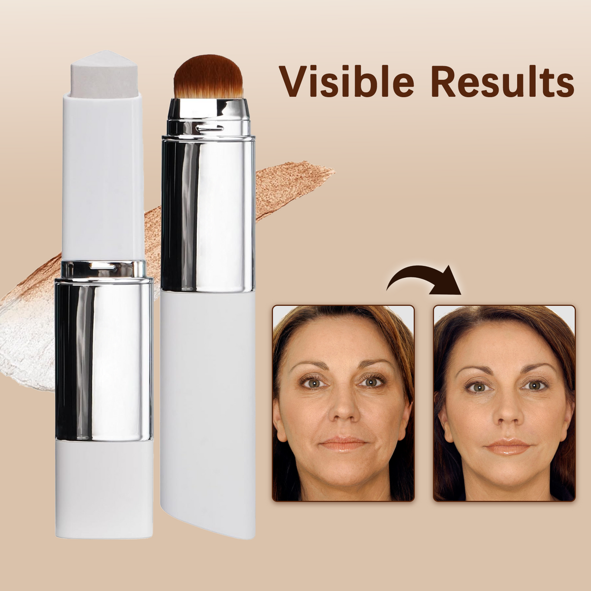 Dual-ended color changing foundation stick with built-in brush and before and after results for skin tone matching.