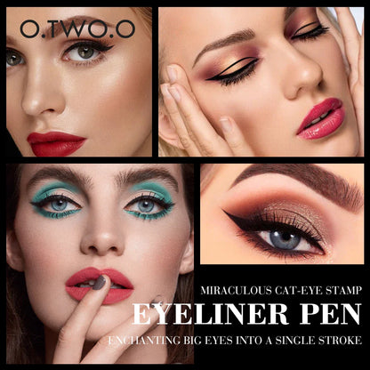 Four models showcasing various cat-eye winged eyeliner looks using the dual-action precision eyeliner stamp pen.