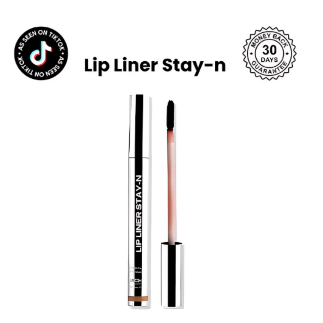 Lip Liner Stay-N peel-off lip tattoo in a sleek silver tube with applicator brush on a white background.