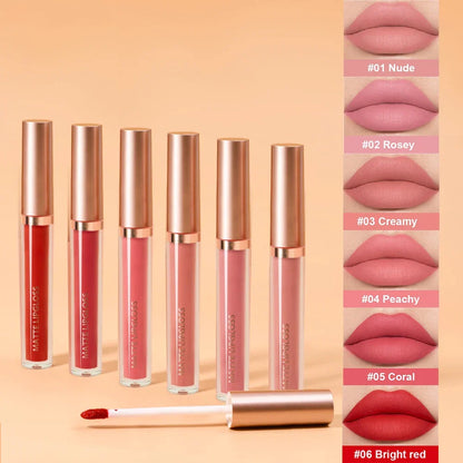 Luxe Glow Matte Lip Gloss Kit: 6-piece set with rose gold caps and lip swatches in Nude, Rosey, Peachy, and Bright Red.