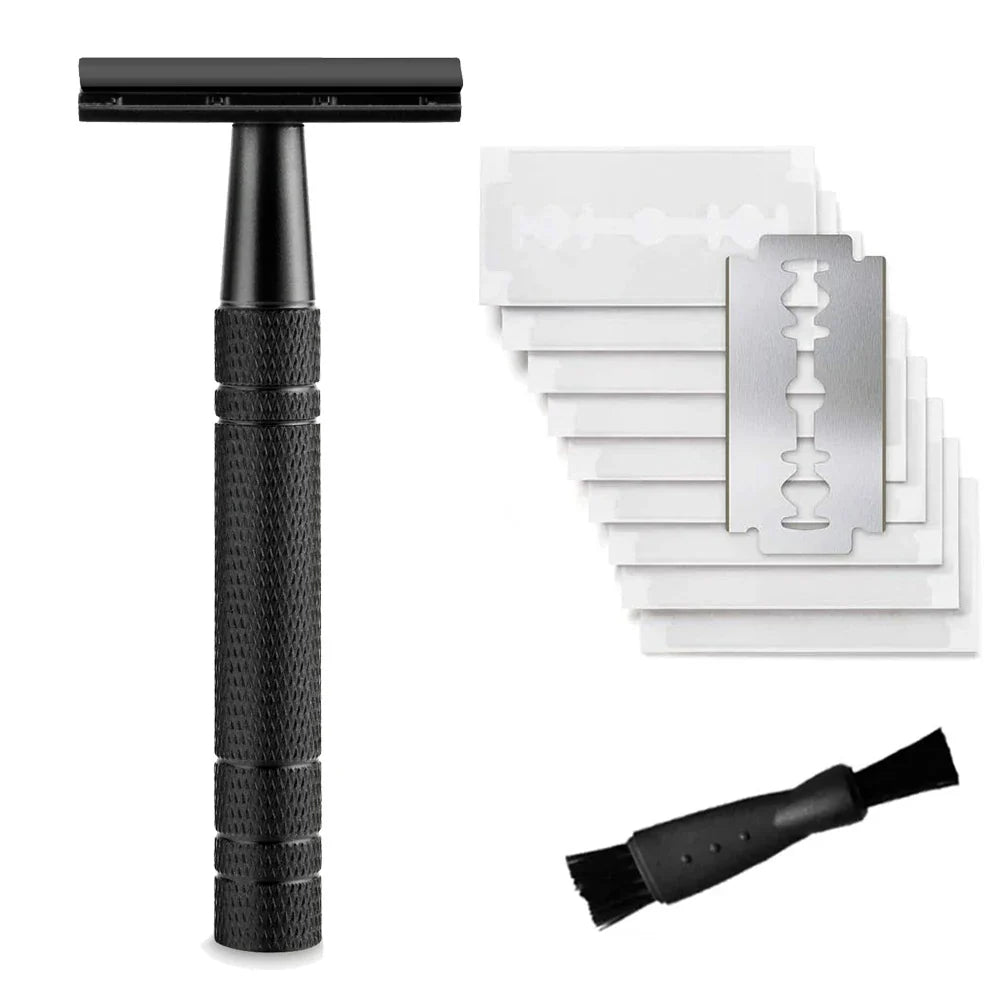 Matte black SmoothShave safety razor bundle with textured handle, ten double-edge refill blades, and a cleaning brush.