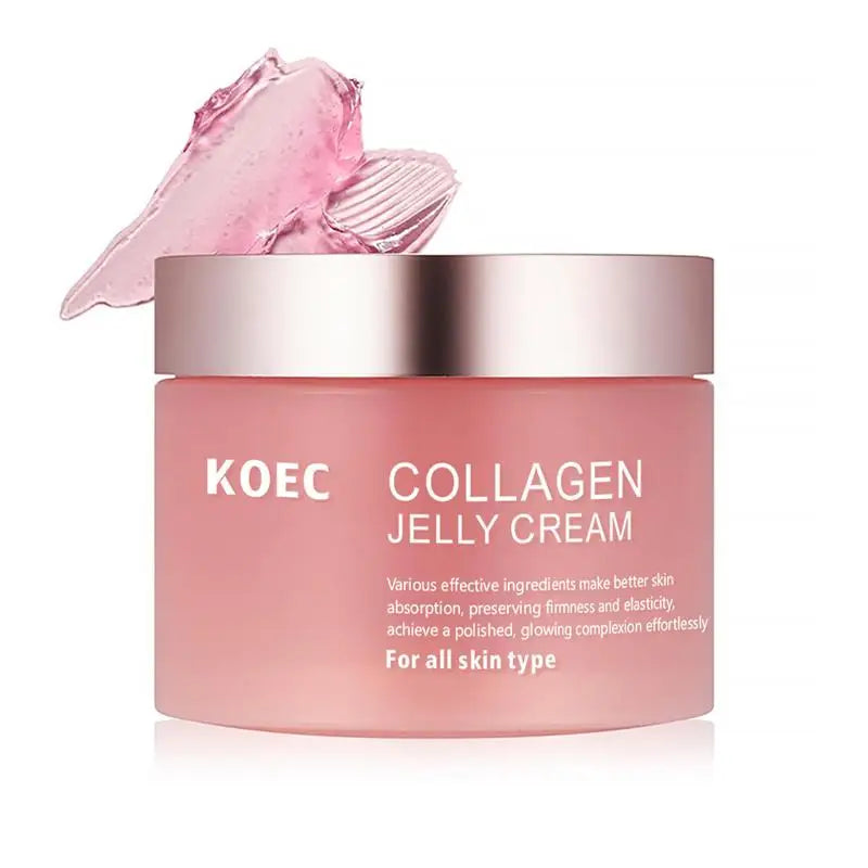 Pink jar of KOEC Collagen Jelly Cream with a swatch of the hydrating pink gel moisturizer on top for all skin types.