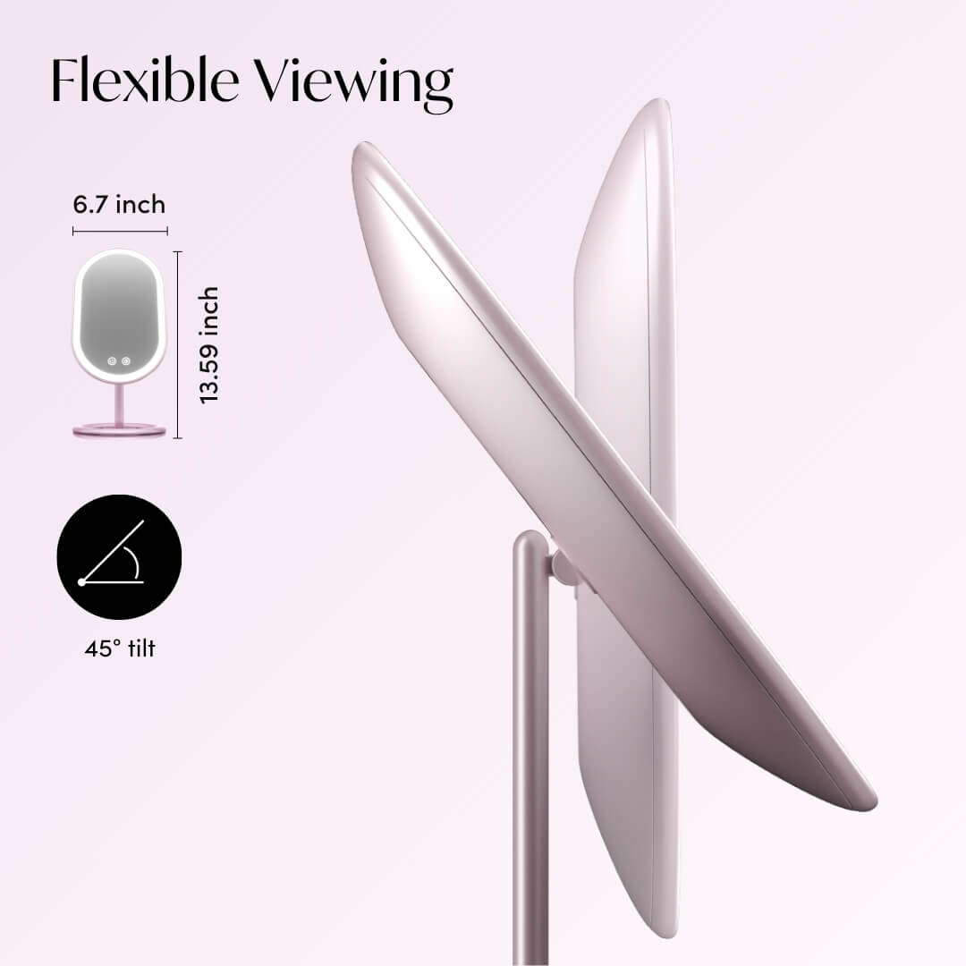 Vera LED vanity mirror infographic showing 45-degree tilt and 13.59-inch height for flexible viewing angles.