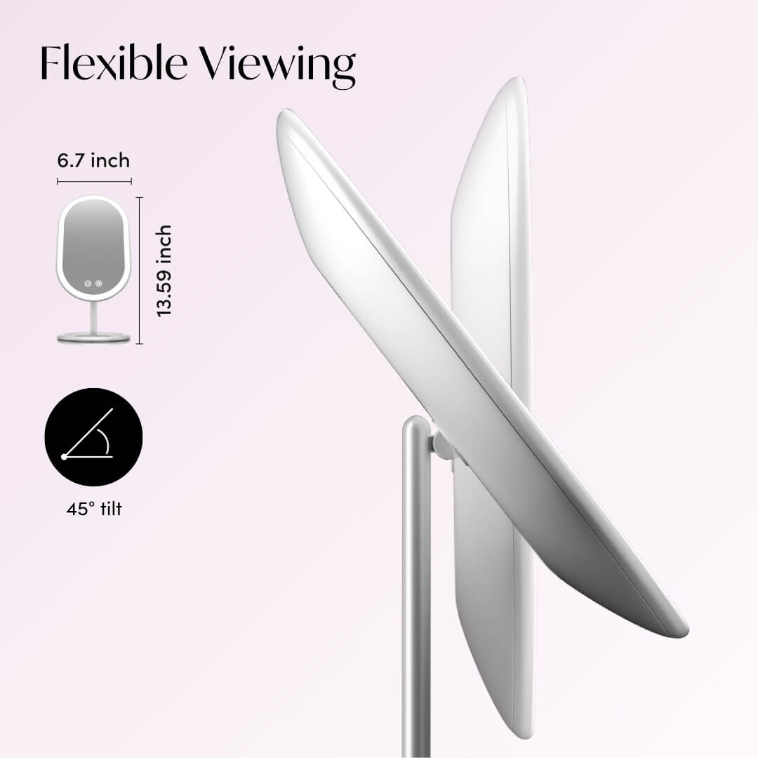 Vera LED makeup mirror infographic showing 45-degree tilt and 13.59-inch height for flexible vanity viewing.